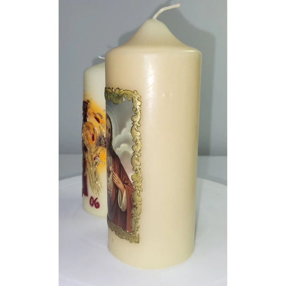 Vintage Religious Pillar Candles Sacred Heart Jesus Cross 2006 Cream Set of 2